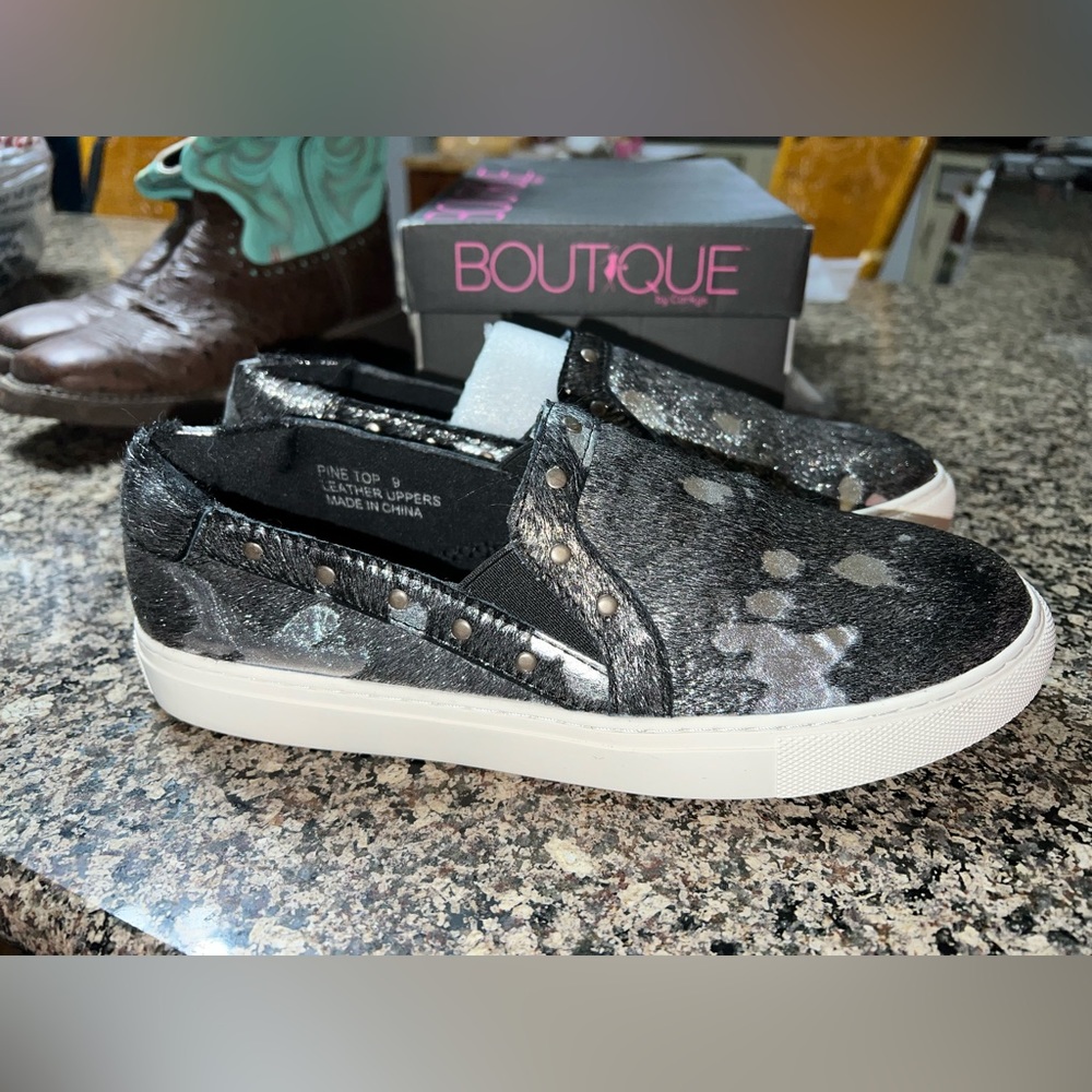 Shimmery cowhide slip on shoes